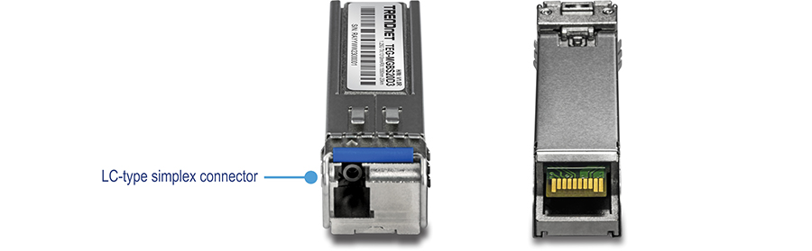 The illustration shows a two-image view of the SFP Dual Wavelength Single-Mode LC Module. On the left is the top view with a label for the LC-type simplex connector, and on the right is the bottom view.