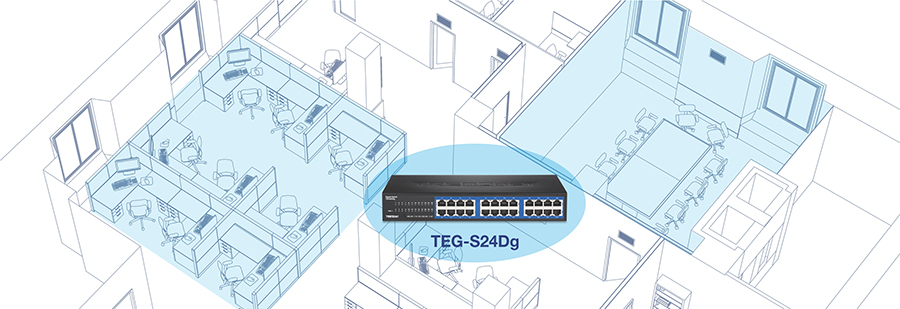 A top-view cut-out illustration of an office floor with highlighted areas in blue and a zoomed front view of the TEG-S24Dg.