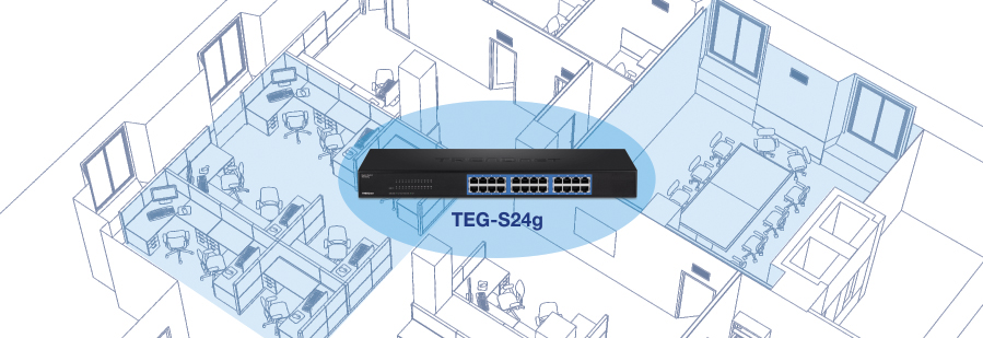 TRENDnet TEG-S24g network switch superimposed over a blueprint-style office layout. The office includes various rooms with desks, chairs, and other office furniture, indicating different workspaces and a conference room. The switch is centrally placed, highlighting its role in managing and distributing network connections within the office.