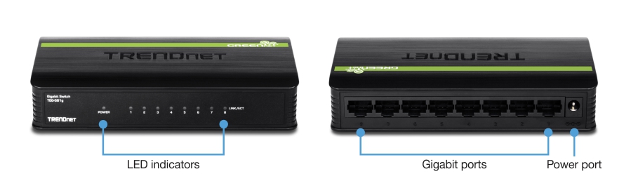 Вид на 8-портовый гигабитный коммутатор GREENnet TEG-S81g. Слева — вид спереди с метками для светодиодных индикаторов, а справа — вид сзади с метками для гигабитных портов и порта питания.