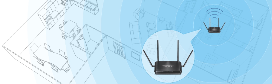 Die Abbildung zeigt einen Grundriss des Hauses, der die drahtlose Signalabdeckung eines TRENDnet-Routers hervorhebt. Der Grundriss umfasst verschiedene Räume wie eine Küche, einen Essbereich und ein Wohnzimmer, wobei die Möbel umrissen sind. Der Router wird an zwei Stellen im Haus dargestellt, die jeweils konzentrische Kreise aussenden, die den drahtlosen Signalbereich darstellen. Der Router verfügt über vier Antennen und ist mit TRENDnet gekennzeichnet, was seine Fähigkeit unterstreicht, eine drahtlose Abdeckung im ganzen Haus zu gewährleisten.