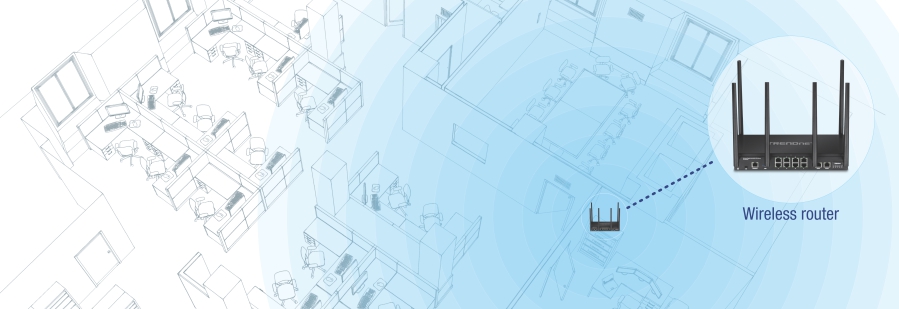 A floor plan of an office space with multiple desks and chairs arranged in various configurations. A wireless router is depicted on the right side, with a dotted line connecting it to a smaller representation of the same router within the office layout. The router is labeled and emits a signal that covers the office area, indicating the range of the wireless network.