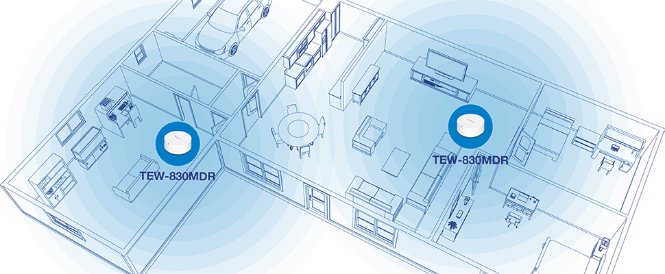 El diagrama muestra un plano de una casa con dos dispositivos TEW-830MDR colocados en diferentes habitaciones. Un dispositivo está ubicado en una habitación con un escritorio, una silla y una estantería, mientras que el otro dispositivo está en una sala de estar más grande con un sofá, una mesa de café y un centro de entretenimiento. El diseño incluye varias habitaciones, como un garaje con un automóvil, un comedor con una mesa redonda y sillas, y muchas otras habitaciones con muebles y electrodomésticos. La ubicación de los dispositivos TEW-830MDR sugiere un enfoque en proporcionar una cobertura inalámbrica completa en toda la casa.
