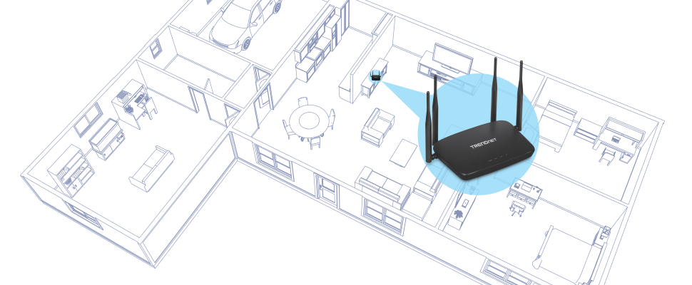 Uma planta baixa de uma casa com quartos, incluindo uma garagem com um carro, uma sala de estar, cozinha, área de jantar, quarto e escritório. Na sala de estar, há um roteador sem fio rotulado TRENDnet com uma área de sinal azul indicando cobertura Wi-Fi em toda a casa. A localização central do roteador sugere o posicionamento ideal para cobertura máxima.