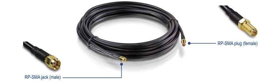 Low Loss RP-SMA Male to RP-SMA Female Antenna Cable - 6 m (19.6 ft.), TEW-L106, with connectors on both ends. One end has an RP-SMA jack labeled male, and the other end has an RP-SMA plug labeled female. The connectors are gold-colored, and the cable is coiled in the center.