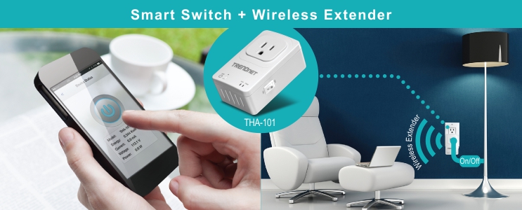 A person uses a smartphone to control a smart switch and wireless extender. The smartphone screen displays an application interface with a large power button and some text. In the background, there is a close-up of a TRENDnet THA-101 smart switch and wireless extender plugged into a wall socket. The smart switch is connected to a floor lamp, which can be turned on or off using the wireless extender. This setup highlights the convenience and functionality of remotely controlling home appliances through a smart device.