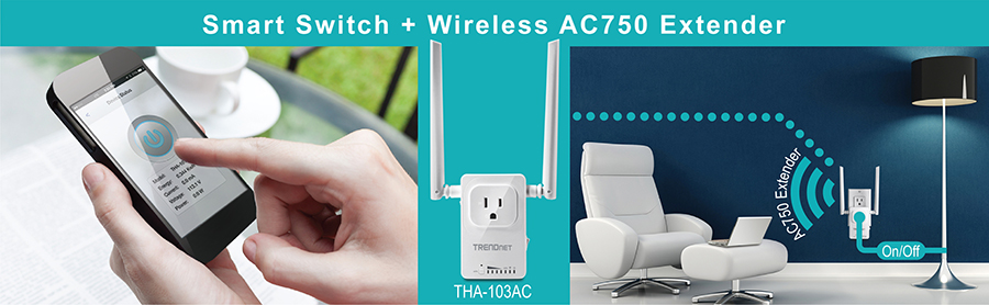 A person uses a smartphone to control a smart switch and wireless extender. The smartphone screen shows an app interface with a large power button. In the center, the THA-103AC smart switch with two antennas is plugged into a wall outlet. To the right, a modern living room setup includes a white chair, a small table, and a floor lamp connected to the smart switch, highlighting remote control functionality.
