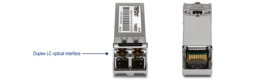Front view of a TRENDnet transceiver module with a Duplex LC optical interface for fiber optic connections. The back view shows the electrical interface with the device. Lines indicate connectivity.