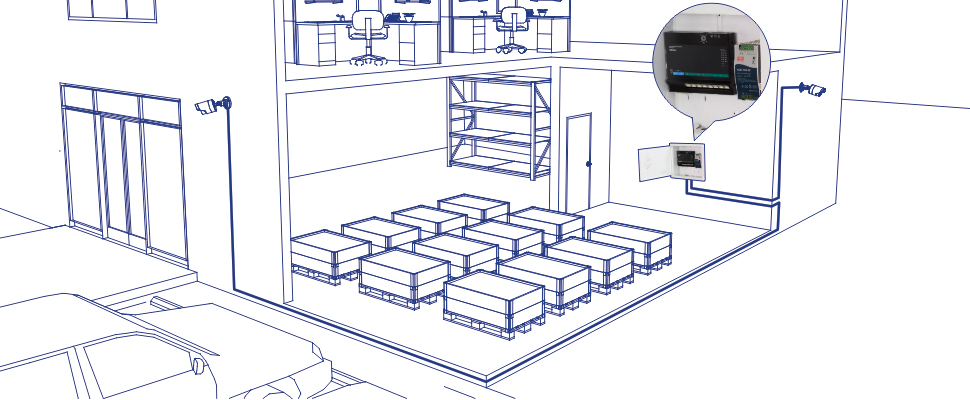 A blueprint-style illustration shows a warehouse or storage facility with multiple storage units in rows on the ground floor. The upper floor has desks and chairs, indicating an office space. Security cameras are mounted on exterior walls, and a car is parked outside. An inset shows a close-up of a control panel or monitoring system mounted on the wall inside the facility.