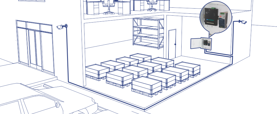 The illustration depicts a warehouse-like setting with multiple storage units arranged in rows on the ground floor. There is a mezzanine level with additional storage and office equipment. Security cameras are mounted on the exterior walls. A close-up inset shows a control panel Box. The scene includes a parked car outside the building and large glass doors at the entrance.
