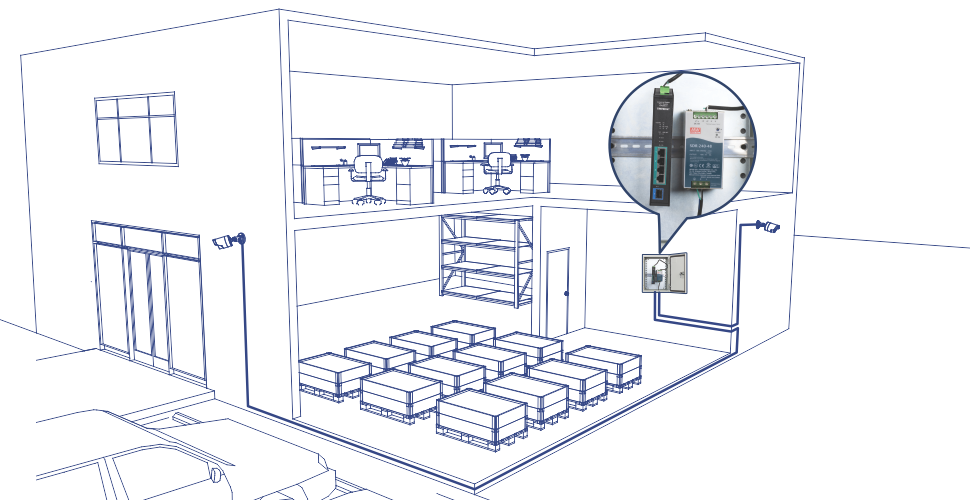 El objeto visual muestra un dispositivo TRENDnet con varios componentes etiquetados. En el lado izquierdo, el dispositivo cuenta con un bloque de terminales extraíble de 6 pines en la parte superior, seguido de indicadores LED debajo. Hay 4 puertos Gigabit PoE+. En la parte inferior, hay una ranura SFP de 1 Gigabit. El lado derecho del dispositivo destaca un punto de conexión a tierra en la parte superior, un soporte de pared en el medio y un soporte de riel DIN en la parte inferior.