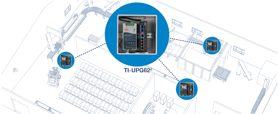La ilustración muestra una configuración técnica dentro de un diseño de edificio. En el centro, hay una vista de cerca de un dispositivo etiquetado como TI-UPG62, conectado a través de líneas punteadas a cuatro dispositivos idénticos más pequeños colocados en diferentes lugares dentro del edificio. El diseño incluye salas y áreas como una sala grande con filas de asientos, una sala de control y otras secciones con maquinaria y equipos. Las conexiones detalladas sugieren un sistema en red, posiblemente para monitorear o controlar diferentes partes del edificio. Se destaca el papel central del dispositivo TI-UPG62 en esta configuración en red.
