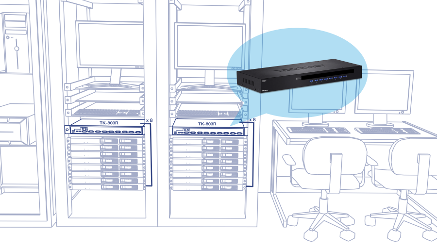 A ilustração mostra uma sala de servidores ou um ambiente de data center com dois racks de servidores, cada um contendo vários servidores e um monitor. Em primeiro plano, duas cadeiras de escritório estão posicionadas em frente a mesas com monitores de computador. Um balão de fala azul destaca um Comutador KVM de montagem em rack de 8 portas, enfatizando sua importância na configuração. A cena se concentra na infraestrutura de rede e no gerenciamento de servidores.