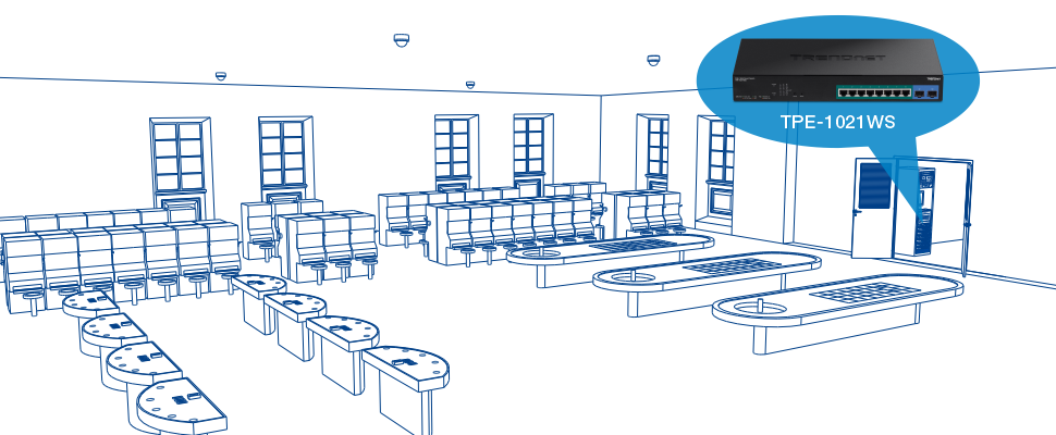 The illustration shows a gaming room filled with slot machines, a roulette table, and card tables. A zoomed-in bubble highlights a server room containing the TPE-1021WS switch, emphasizing its role in managing the network infrastructure for the gaming area.