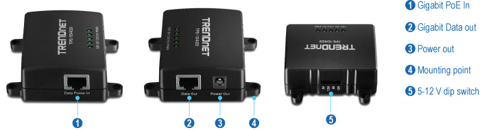 Three views of a TRENDnet device model TPE-104GS. The first view highlights the Gigabit PoE In port labeled as 1. The second view shows the Gigabit Data Out port labeled as 2 and the Power Out port labeled as 3. The third view displays the Mounting Point labeled as 4 and the 5-12 V dip switch labeled as 5.