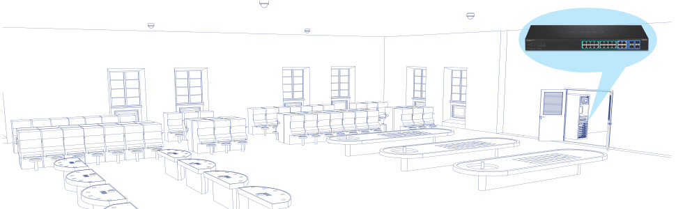 The illustration shows a gaming room filled with slot machines, a roulette table, and card tables. A zoomed-in bubble highlights a server room containing the TPE-1620WSF switch, emphasizing its role in managing the network infrastructure for the gaming area.