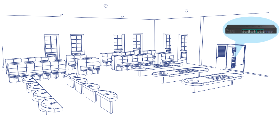 The illustration shows a game room with various gaming tables and slot machines. Slot machines line one side of the room, arranged in rows. There are several semi-circular tables with chairs around them, likely for card games, positioned in the foreground. In the center of the room, there are two larger tables, which appear to be roulette tables. The room is equipped with multiple windows and ceiling lights. Additionally, there is an inset image of a network switch, indicating some form of network connectivity or control system within the room.