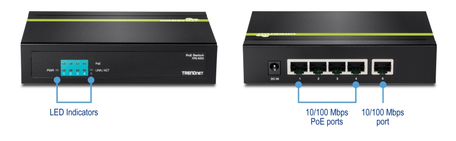 The front view of a PoE switch model TPE-S50 from TRENDnet highlights LED indicators labeled PWR, PoE, and LINK/ACT. The rear view displays five Ethernet ports, with the first four labeled as 10/100 Mbps PoE ports and the fifth as a 10/100 Mbps port. Additionally, there is a DC IN power input on the rear side.