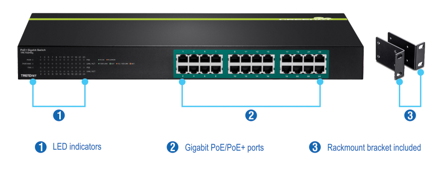 A rack-mountable PoE+ Gigabit Switch with 24 ports, featuring LED indicators on the left side, centrally positioned Gigabit PoE/PoE+ ports, and an included rackmount bracket shown separately on the right side.