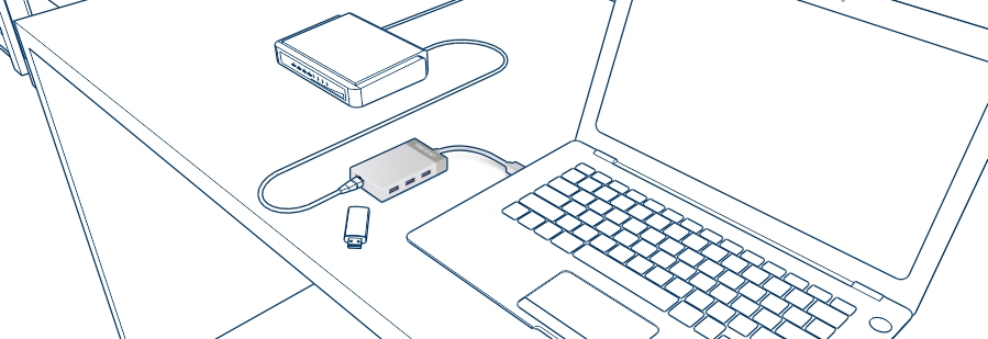 The image shows a setup involving a laptop connected to a USB 3.0 to Gigabit Adapter + USB Hub (TU3-ETGH3). The hub is connected to both an external hard drive and a USB flash drive, providing additional USB ports and a Gigabit Ethernet connection.