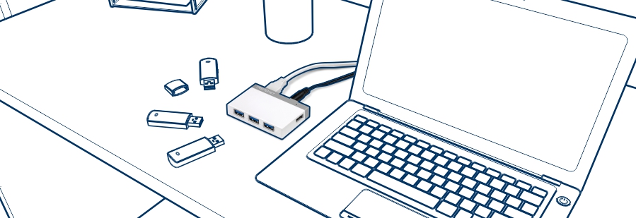 El diagrama muestra un hub USB 3.0 de 4 puertos TRENDnet (modelo TU3-H4), conectado a una laptop. El hub está colocado sobre un escritorio, tiene cuatro puertos USB y está conectado a la laptop mediante un cable USB. Varios dispositivos de almacenamiento USB rodean el hub, ilustrando su uso para expandir la conectividad USB a una sola computadora.
