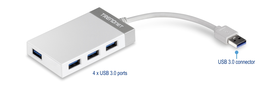 The image shows a 4-Port USB 3.0 Mini Hub, model TU3H4E. It features four USB 3.0 ports, allowing multiple USB devices to connect simultaneously. The hub connects to a computer or other device via a short cable ending in a USB 3.0 connector, offering high-speed data transfer.