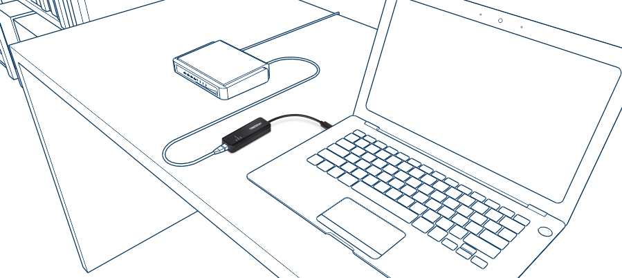 A laptop is placed on a desk with an external device connected via a cable, likely a network adapter, which is also connected to a router or modem on the desk. This setup suggests a wired internet connection between the laptop and the router through the adapter. The scene is depicted in a line drawing style, emphasizing the connectivity and arrangement of the devices on the desk.