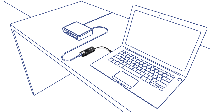 A laptop is placed on a desk with an external device connected via a cable, likely a network adapter, which is also connected to a router or modem on the desk. This setup suggests a wired internet connection between the laptop and the router through the adapter. The scene is depicted in a line drawing style, emphasizing the connectivity and arrangement of the devices on the desk.