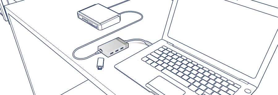 La imagen muestra una configuración con un adaptador USB-C a Gigabit + Hub USB TUC-ETGH3, donde el adaptador conecta una laptop a un router usando un cable Ethernet. El adaptador permite que la laptop, que no tiene puerto Ethernet, acceda a conexiones de red por cable a través de su puerto USB.