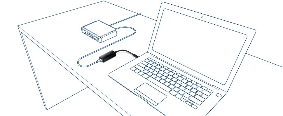 La imagen muestra un Adaptador USB 3.1 Tipo-C a Gigabit Ethernet (TUC-ETG) conectado a una laptop a través de un puerto USB Tipo-C. Un cable Ethernet conecta el adaptador a un dispositivo de red, como un router o módem. Esta configuración permite que la laptop acceda a una conexión a internet por cable utilizando su puerto USB Tipo-C.