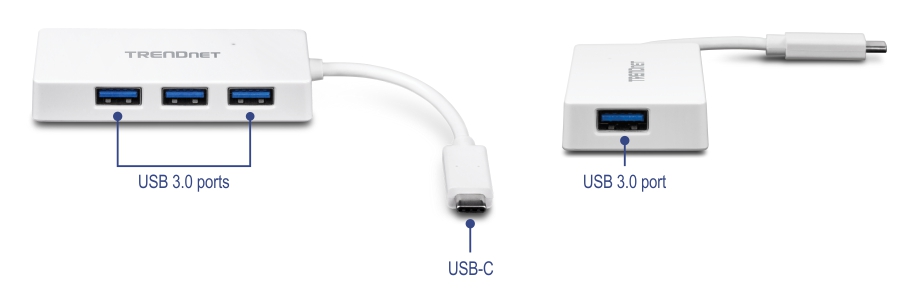 The drawing illustrates a TRENDnet network adapter with a Gigabit Ethernet port and a USB Type-C port. The adapter's short cable has a USB Type-C connector, which is plugged into a laptop. The diagram shows the connection points and the data flow from the Ethernet port to the USB Type-C port.