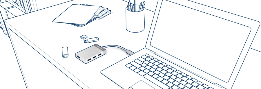 Image shows a workspace with a laptop on a desk, accompanied by 4-Port USB-C Mini Hub TUC-H4E, several USB drives, and a memory card.