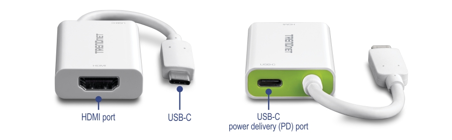 The device is a USB-C to HDMI adapter with power delivery. It features an HDMI port and a USB-C connector on one side, and a USB-C power delivery port along with another USB-C connector on the other side. The adapter is branded with the name TRENDnet.