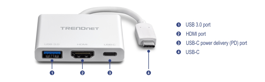 The illustration shows a TRENDnet adapter with four ports labeled USB 3.0 port, HDMI port, USB-C power delivery (PD) port, and USB-C connector. The adapter is white with a short cable ending in a USB-C connector. Descriptions of the ports are provided on the right side of the image.