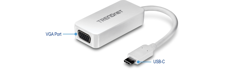 A white TRENDnet adapter with a VGA port on one end and a USB-C connector on the other end. The VGA port is labeled VGA Port, and the USB-C connector is labeled USB-C. This adapter is designed to connect devices with a USB-C port to a display with a VGA input.