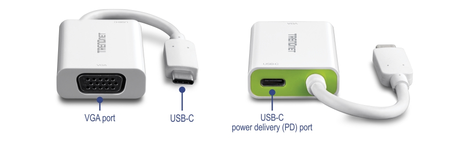 Diagram shows the front and back views of a TRENDnet USB-C to VGA Adapter with Power Delivery TUC-VGA2, highlighting VGA port, USB Type C connector, and USB Type C power delivery (PD) port.