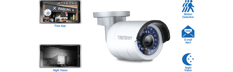 A TRENDnet security camera with various features highlighted, including a cylindrical design with infrared LEDs for night vision, motion detection, and e-mail alert capabilities. The image also shows screenshots from a mobile app demonstrating color and night vision views.