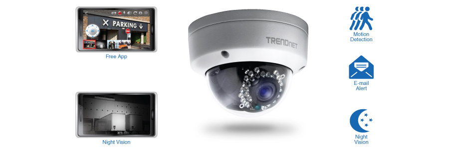 A TRENDnet security camera with various features highlighted, including a cylindrical design with infrared LEDs for night vision, motion detection, and e-mail alert capabilities. The image also shows screenshots from a mobile app demonstrating color and night vision views.