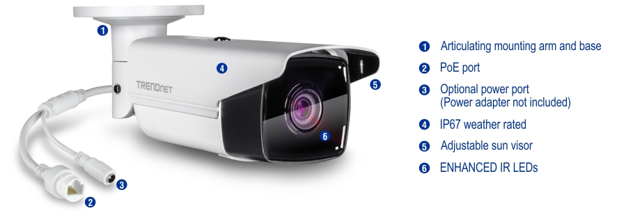 A security camera with an articulating mounting arm and base, a PoE port, an optional power port, an IP67 weather rating, an adjustable sun visor, and enhanced IR LEDs. The camera is labeled TRENDnet and has various ports and features highlighted with numbers.