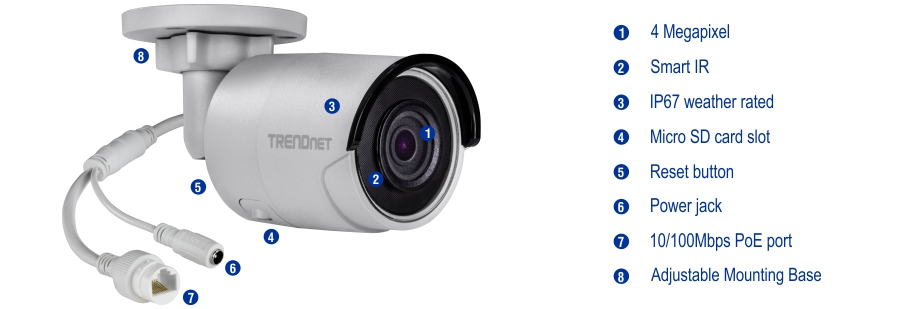 A security camera with a 4 Megapixel lens and Smart IR is shown. It is IP67 weather rated and includes a Micro SD card slot, a reset button, a power jack, a 10/100Mbps PoE port, and an adjustable mounting base. The camera is connected to a cable with a power jack and an Ethernet port.