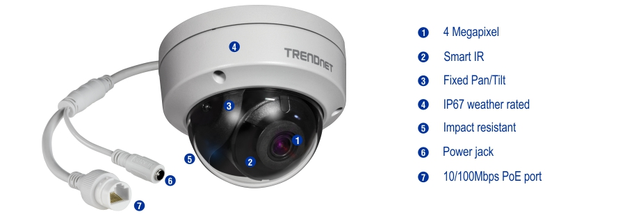 A surveillance camera with seven features labeled, including a 4 Megapixel, Smart IR, Fixed Pan/Tilt, IP67 weather rated, Impact resistant, Power jack & 10/100Mbps PoE port.