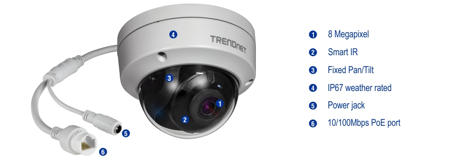 A white dome security camera labeled TRENDnet, featuring 8 Megapixel resolution, Smart IR, Fixed Pan/Tilt, IP67 weather rating, power jack, and 10/100Mbps PoE port, with cables extending from it.