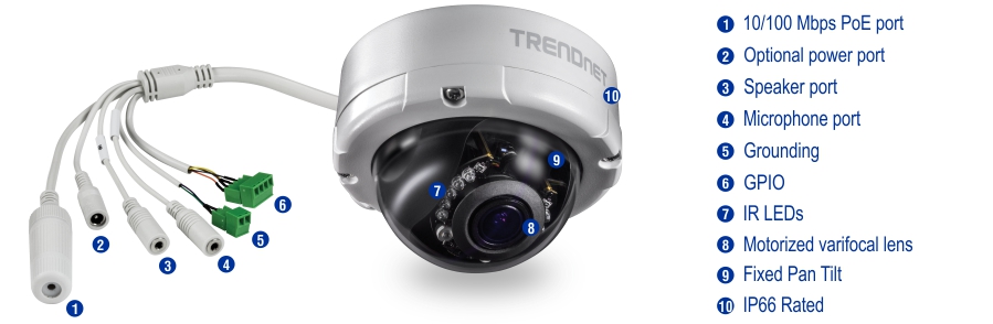 La cámara de seguridad TRENDnet cuenta con varios puertos y características etiquetados, que incluyen un puerto PoE de 10/100 Mbps, un puerto de alimentación opcional, un puerto de altavoz, un puerto de micrófono, conexión a tierra, GPIO, LED IR, una lente varifocal motorizada, inclinación panorámica fija y una clasificación IP66. Sus opciones de diseño y conectividad están claramente resaltadas para una fácil instalación y uso.