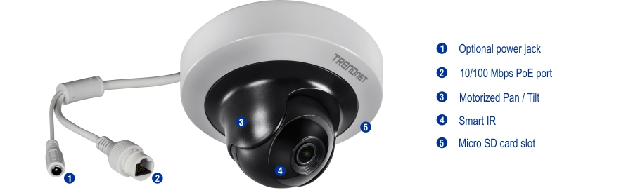 The illustration shows a TRENDnet security camera with several labeled features, including an optional power jack, a 10/100 Mbps PoE port, motorized pan and tilt capabilities, smart IR, and a micro SD card slot. The camera has a black and white design with the labels indicating the functionality of each feature.