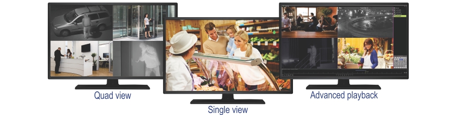 Three monitors display different surveillance camera feeds. The left monitor shows four feeds: a car, a person at an entrance, a person at a reception desk, and a person in a hallway. The middle monitor shows a deli counter with three people interacting. The right monitor shows advanced playback with four feeds: a group of people at a table, a street view at night, a staircase, and a person in a store.