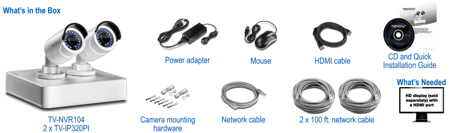Eine Box für ein Überwachungskamerasystem enthält zwei Kameras mit der Bezeichnung TV-IP320PI, ein Gerät mit der Bezeichnung TV-NVR104, ein Netzteil, eine Maus, ein HDMI-Kabel, eine CD, eine Kurzanleitung zur Installation, Kameramontagematerial, ein Netzwerkkabel und zwei 100-Fuß-Netzwerkkabel. Ein HD-Display mit HDMI-Anschluss ist erforderlich, aber separat erhältlich.