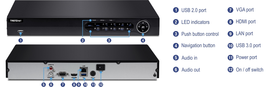 A TRENDnet 16-Channel HD NVR with a front panel featuring a USB 2.0 port, LED indicators, push button control, and a navigation button. The back panel includes audio in and out ports, VGA port, HDMI port, LAN port, USB 3.0 port, power port, and an on/off switch.
