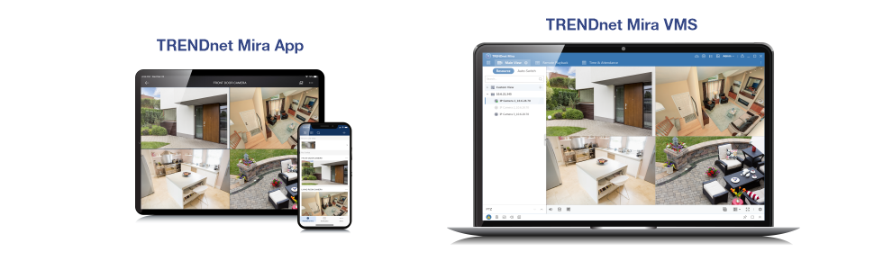 Two devices displaying surveillance footage using TRENDnet Mira software. On the left, a tablet and smartphone run the TRENDnet Mira App, showing multiple camera feeds from different locations. On the right, a laptop runs the TRENDnet Mira VMS (Video Management Software), also showing multiple camera feeds. The footage includes views of a front door, an office, a dining area, and an outdoor patio. This image highlights TRENDnet Mira's capability to monitor multiple locations simultaneously on various devices.