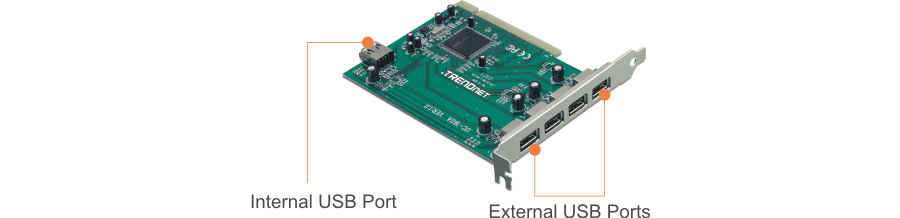 The image shows a 5-Port USB PCI Adapter, model TU2-H5PI. This adapter installs in a computer’s PCI slot to provide additional USB ports. It includes one internal USB port on the circuit board and four external USB ports accessible from the back of the computer once installed. This adapter expands the number of available USB connections for peripherals and devices.