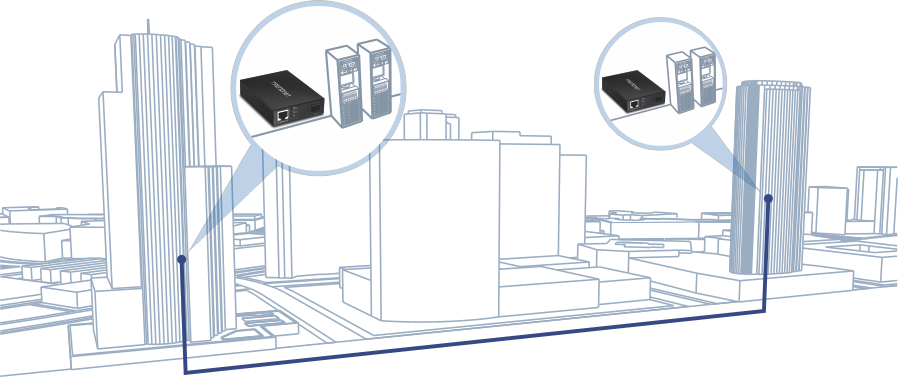 La ilustración muestra dos edificios conectados por una línea azul. Cada edificio tiene un servidor con una burbuja resaltada al lado, lo que indica la presencia de un convertidor de medios de fibra Gigabit PoE PD SFP, lo que demuestra la conexión entre los dos edificios.